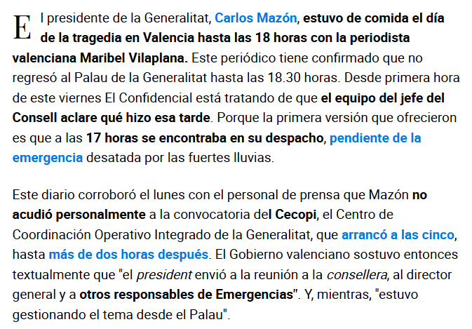 Si voleu al·lucinar, llegiu les notícies que es van publicar al novembre sobre què va fer Mazón el 29-O.

"(...) la primera versión que ofrecieron es que a las 17 horas se encontraba en su despacho".

I ahí està, tot moreno i amb la pagueta assegurada.

(elconfidencial.com/espana/comunid…)