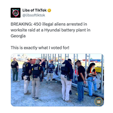 Multiple individuals in tactical gear with "ICE" markings on their vests and jackets, standing outdoors near shipping containers. Some individuals have their hands restrained behind their backs. A watermark from WH.GOV is visible, along with text stating "Statement by President Joe Biden on Hyundai Investments in Georgia" and additional text about economic agendas and job creation.