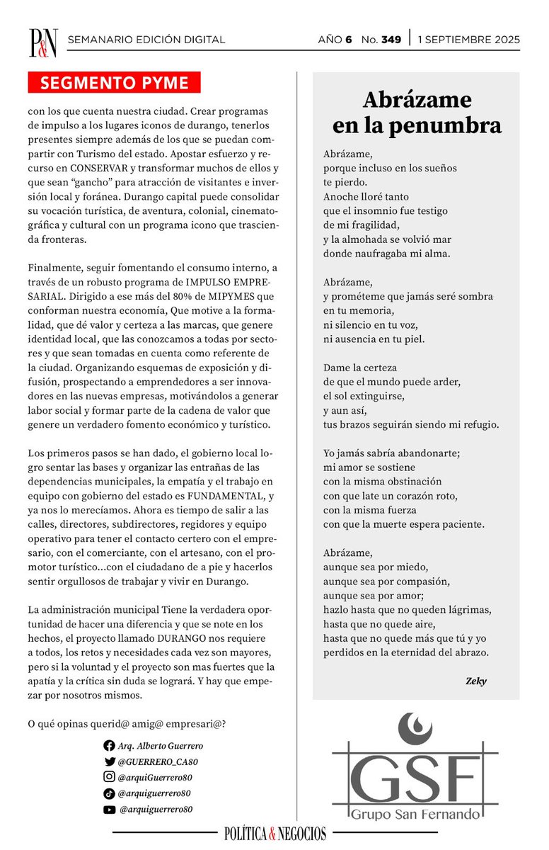 Esta semana en mi colaboración del SEGMENTO PYME en <a href="/PoliticaNegocio/">Política & Negocios</a>:
“Economía y turismo en el gobierno municipal” los resultados de la <a href="/DMFEyT_Dgo/">Fomento Económico y Turismo Durango Capital</a> con <a href="/Valeriagtzv/">Valeria Gutiérrez</a>, brindan expectativas de crecimiento y apoyo a las pymes locales! 
Ayúdame a dar like, comentar y compartir!