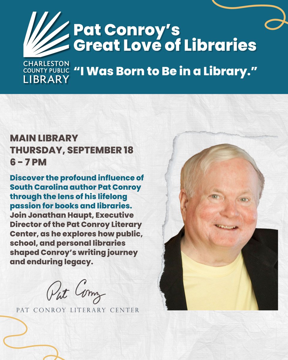 ChasCoLibrary's tweet image. Join us Thursday, September 18 at the Main Library, 6–7 PM to learn about South Carolina author Pat Conroy! 

Discover Pat Conroy’s Great Love of Libraries in this special event led by Jonathan Haupt, Executive Director of the Pat Conroy Literary Center.