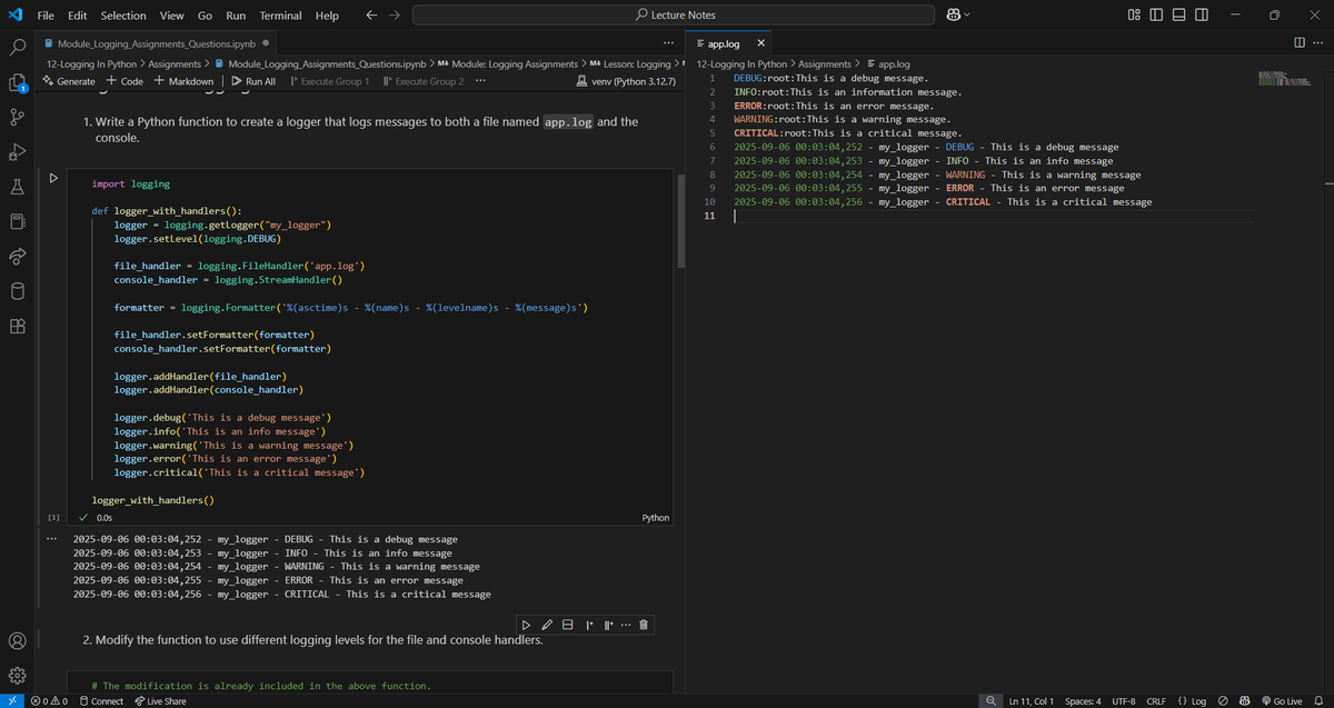PranavG_23_'s tweet image. 📅 Day 45 – Complete DS, ML, DL & NLP Bootcamp
🔹 Solved 4 logging assignments:
• Basic logging to app.log
• Levels: DEBUG, INFO, WARNING, ERROR, CRITICAL
• File + console handlers with different levels
🕸️ Also had some college assignments
#100DaysOfML #Python #Logging