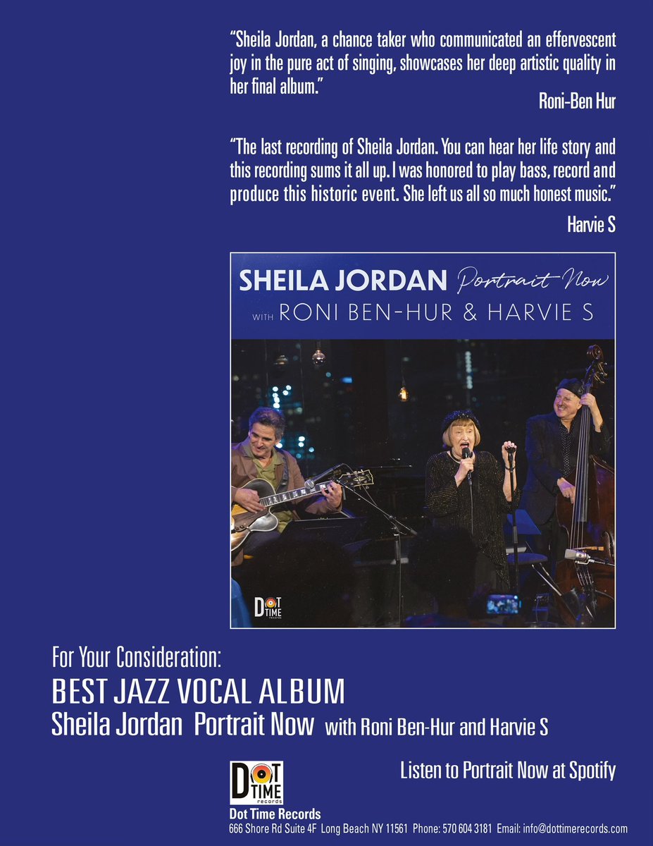 DotTimeRecords's tweet image. For your Grammy consideration 🎙️

🎵 Best Jazz Vocal Album - “Portrait Now” by Sheila Jordan with Roni Ben-Hur &amp;amp; Harvie S

#grammys #grammys2026 #jazz #bestjazzvocalalbum #sheilajordan #dottimerecords #ronibenhur #harvies