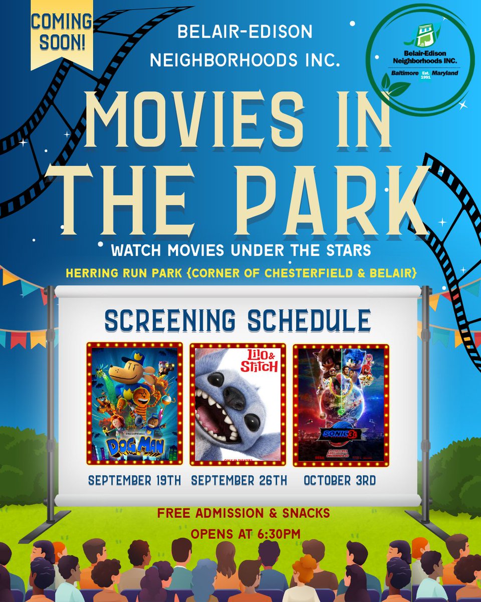 It's that time of year again! BENI's Movies in the Park! Join us on Sept 19th, 26th &amp; Oct 3rd for these free community events, snacks will be provided while supplies last! Bring chairs &amp; blankets to join the fun! If you have any questions give us a call at 410-485-8422 Cya there!