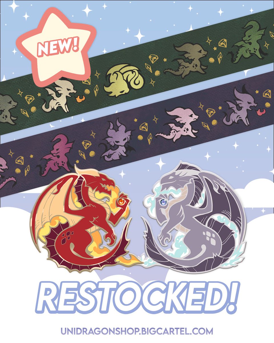 UniDragonShop's tweet photo. happy friday!!

we've restocked our dragon enamel pins, and have a brand new gold foil washi tape! link below ✨🐉 https://t.co/YsPFYOPR7D