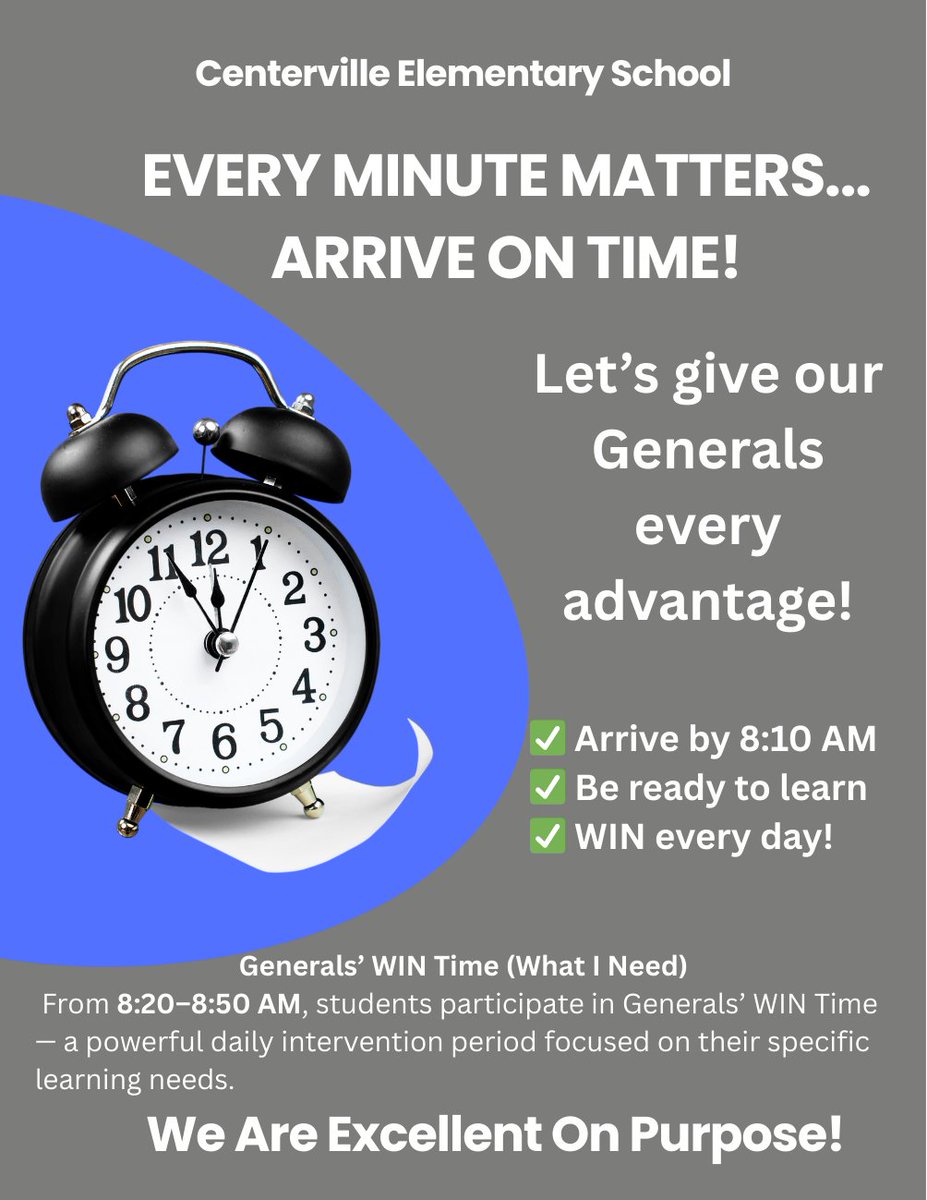 CESGenerals's tweet image. Showing up to school on time every day sets the tone for success. Each moment in the classroom builds knowledge, confidence, and community. When students attend consistently, they don’t just keep up—they thrive.
Let’s make every day count—because we are excellent on purpose!
