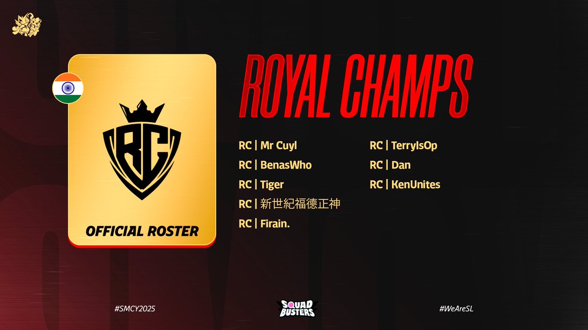 🔴 𝐎𝐅𝐅𝐈𝐂𝐈𝐀𝐋 𝐑𝐎𝐒𝐓𝐄𝐑 𝟒/𝟏𝟎 🚀
🎯 <a href="/Royal_ChampS_/">Royal Champs</a> 🇮🇳

Staff:
🇮🇳 <a href="/TigerRC_/">TigerRC</a> (CEO)
🇺🇸 <a href="/DizzyMsLizzyRC/">DizzyMsLizzy</a> (Manager)
🇧🇪 <a href="/MrCuyl_sb/">Mr Cuyl</a> (Captain)

Players: 
🇧🇪 <a href="/MrCuyl_sb/">Mr Cuyl</a>
🇳🇴 <a href="/HuuBenas/">BenasWho</a>
🇮🇳 <a href="/TigerRC_/">TigerRC</a>
🇹🇼 <a href="/firain_SB/">firain.SB</a>
🇹🇼 <a href="/EVA_TODIGON_SB/">新世紀福德正神（EVA TODIGON）</a>
🇮🇱 <a href="/TrippleDan333/">Dan</a>
🇦🇺 @TerryIsOp1
🇺🇸 @MT_KenUnites