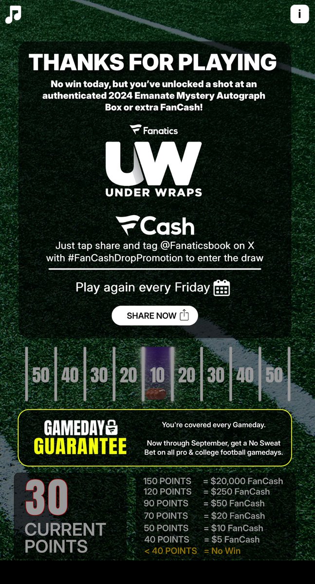 Play the #FanCashDropPromotion today

Next week maybe fanatics.onelink.me/5kut/p6fykbjo