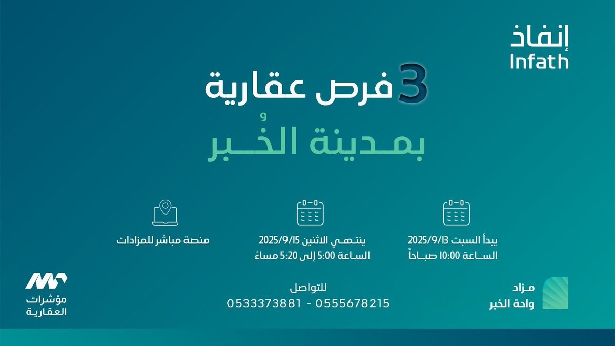 مزاد Mzad (@mzad__sa) on Twitter photo 🔸 مزاد واحة الخبر 🔸
🗓 التاريخ: السبت 2025/09/13
📍 المدن: الخبر
🏢 المزاد: #مزاد_واحة_الخبر
📌 نوع المزاد: إلكتروني
⚖ وكيل البيع: مؤسسة مؤشرات العقارية <a href="/muashiratsa/">شركة مؤشرات العقارية</a>
💻 المنصة: مباشر للمزادات
🔗 رابط المزاد:
re.mobasher.sa/auctions/t-con…
────────────
📲 للتواصل واتساب: 🔸 مزاد واحة الخبر 🔸
🗓 التاريخ: السبت 2025/09/13
📍 المدن: الخبر
🏢 المزاد: #مزاد_واحة_الخبر
📌 نوع المزاد: إلكتروني
⚖ وكيل البيع: مؤسسة مؤشرات العقارية <a href="/muashiratsa/">شركة مؤشرات العقارية</a>
💻 المنصة: مباشر للمزادات
🔗 رابط المزاد:
re.mobasher.sa/auctions/t-con…
────────────
📲 للتواصل واتساب: