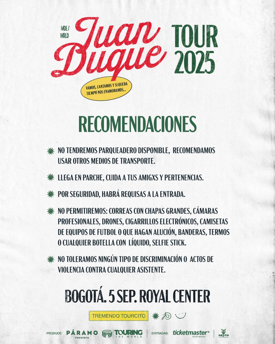 Páramo Presenta (@paramo_presenta) on Twitter photo Hoy Bogotá se llena de ☀️, <a href="/wawawanduque/">Juan Duque</a> aterriza con su Tremendo Tourcito y no viene solo, sus invitados tienen la misión de prender la capital 😎🔥
Llega temprano, disfruta del acto de apertura y no olvides seguir las recomendaciones.
👉🏼Ultimas entradas en Hoy Bogotá se llena de ☀️, <a href="/wawawanduque/">Juan Duque</a> aterriza con su Tremendo Tourcito y no viene solo, sus invitados tienen la misión de prender la capital 😎🔥
Llega temprano, disfruta del acto de apertura y no olvides seguir las recomendaciones.
👉🏼Ultimas entradas en
