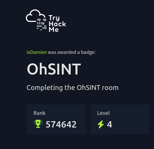 #day5of100daysofcybersecuritychallenge 
using tryhackme.com 

competed the OhSINT room.
<a href="/ireteeh/">Dr Iretioluwa Akerele</a> <a href="/BlackAnon22/">bl4ck4non</a> <a href="/damnsec1/">0xDamian</a> 

Thanks to you Mentors.