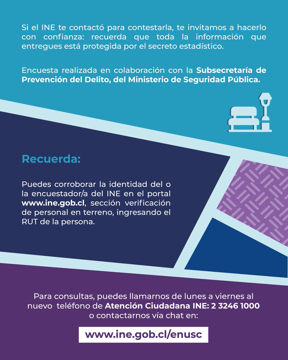 Hasta el 31 de diciembre, el INE estará en terreno aplicando la 22° Encuesta Nacional Urbana de Seguridad Ciudadana (ENUSC), en las zonas urbanas de 136 comunas del país.

Más información en ine.gob.cl