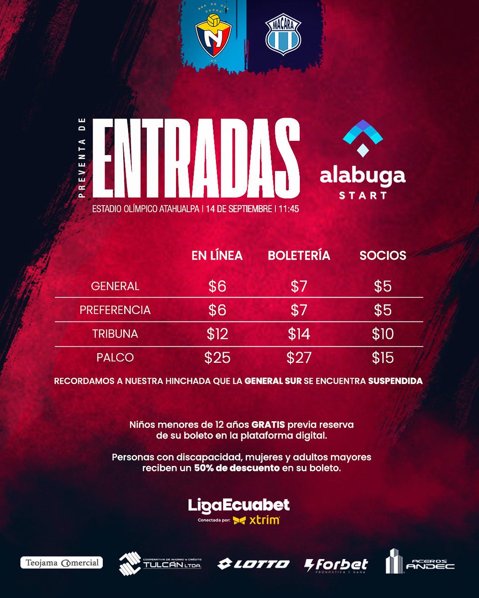 📢 ¡Más cerca de volvernos a ver, hinchada!

Nuestro próximo partido de local ante Macará se jugará en el Estadio Olímpico Atahualpa.

🎟️ Ya puedes adquirir tu preventa de entradas en 👉 SuperTicket

tickets.superticket.ec/event/hinchada…

⚠️ Atención: la General Sur no estará habilitada para