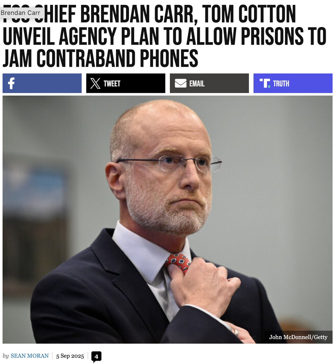 .<a href="/BrendanCarrFCC/">Brendan Carr</a> said the proposal, "President Trump is restoring law and order.  He is putting the safety of law-abiding Americans first. That is why I am pleased to announce that the FCC will vote, for the first time ever, on allowing prisons to jam contraband cellphones."