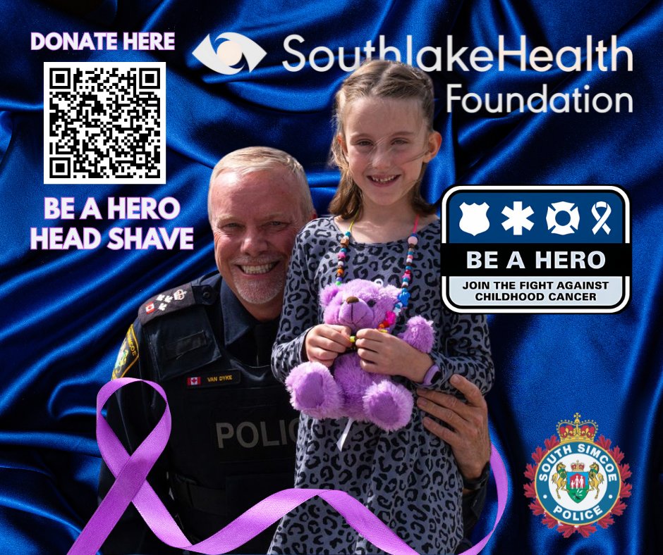 MEET ALICE! SHE'S 7. A FIGHTER. A SURVIVOR. 

Alice is this year’s child ambassador for the Be A Hero Head Shave in support of pediatric oncology at Southlake Regional Health Centre. She is the daughter of Jacquie, a serving member with South Simcoe Police. 

Alice is a brave
