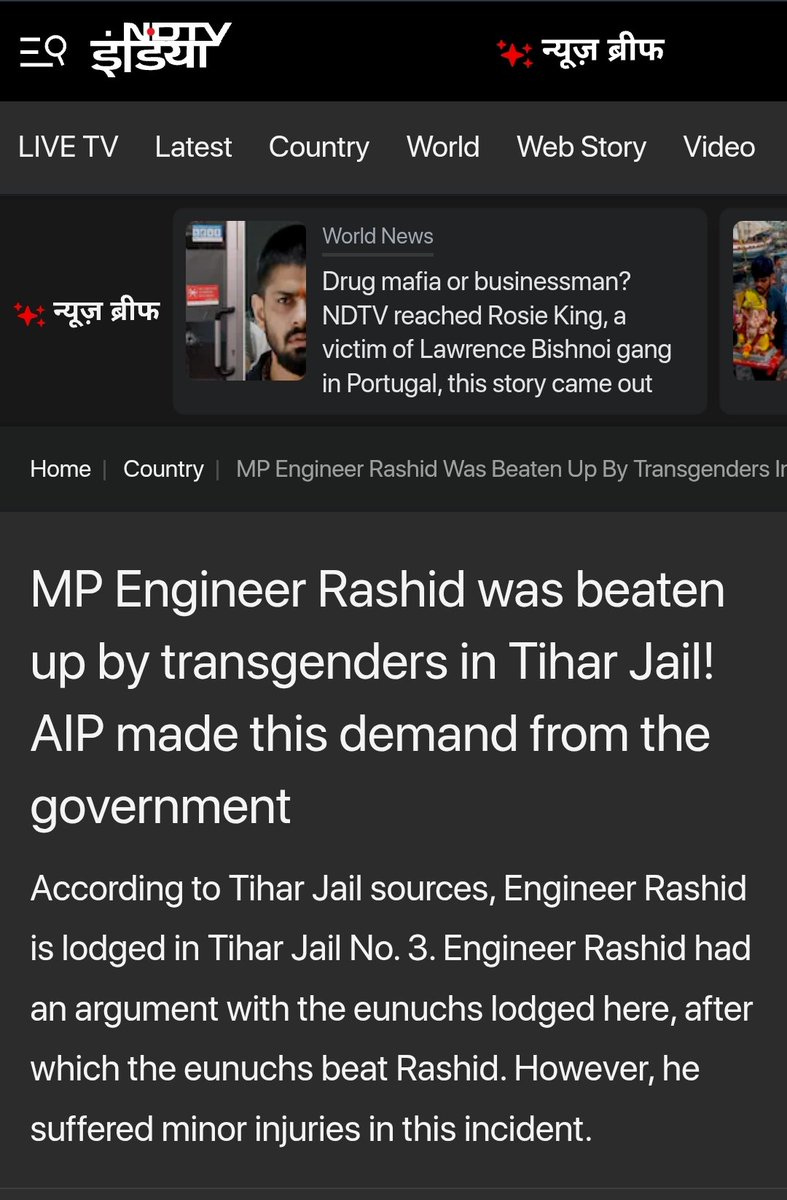 IndianStroke_'s tweet image. A Per sources from Tihar Jail, Engineer Rashid is currently housed in Jail No. 3 where he reportedly had a disagreement with a group of eunuchs. The situation escalated, resulting in Rashid being physically assaulted.He sustained minor injuries. 

#TiharJail #EngineerRashid