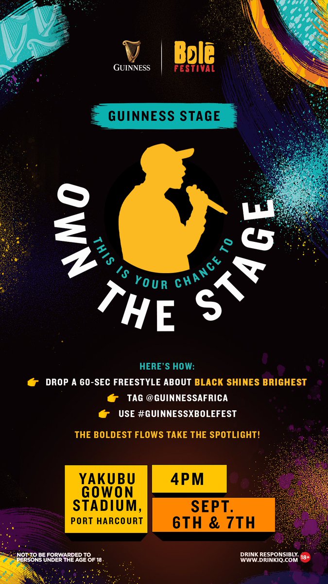 BoleFestival's tweet photo. The boldest flows take the spotlight. Are you ready?

#Guinness #BoleFestival #OwnTheStage #BlackShinesBrightest https://t.co/rvDPFmE7NJ