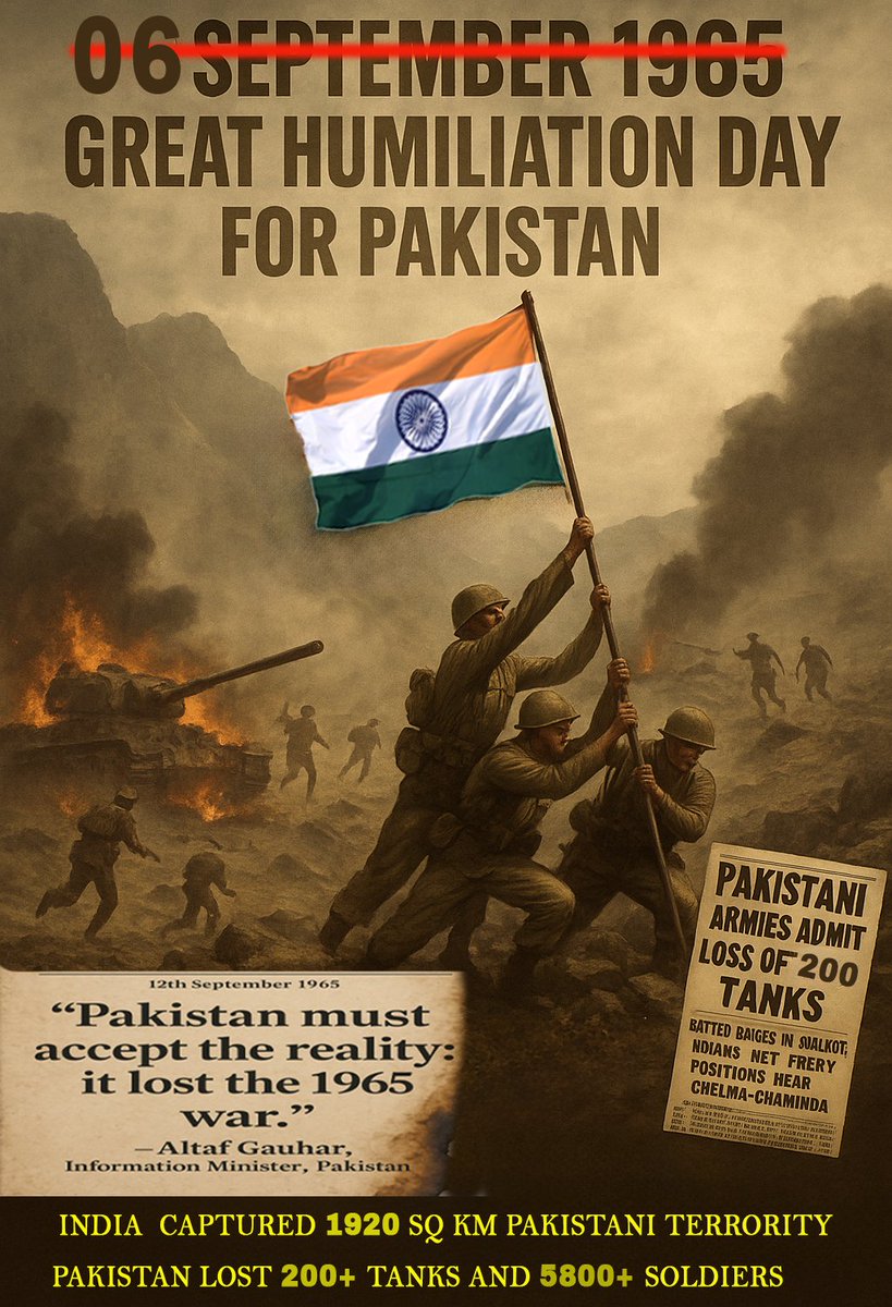 DostKashmir's tweet photo. 💥 Epic Triumph Alert! 🇮🇳 When courage met deceit in 1965, India emerged stronger, myths shattered forever! 🏆 #DefeatDayNotDefenceDay #IndiaWonPakistanLost #1965WarTruth #HeroicEchoes #TomorrowTruthTrend #BraveryWave https://t.co/l9r4ADxtxq