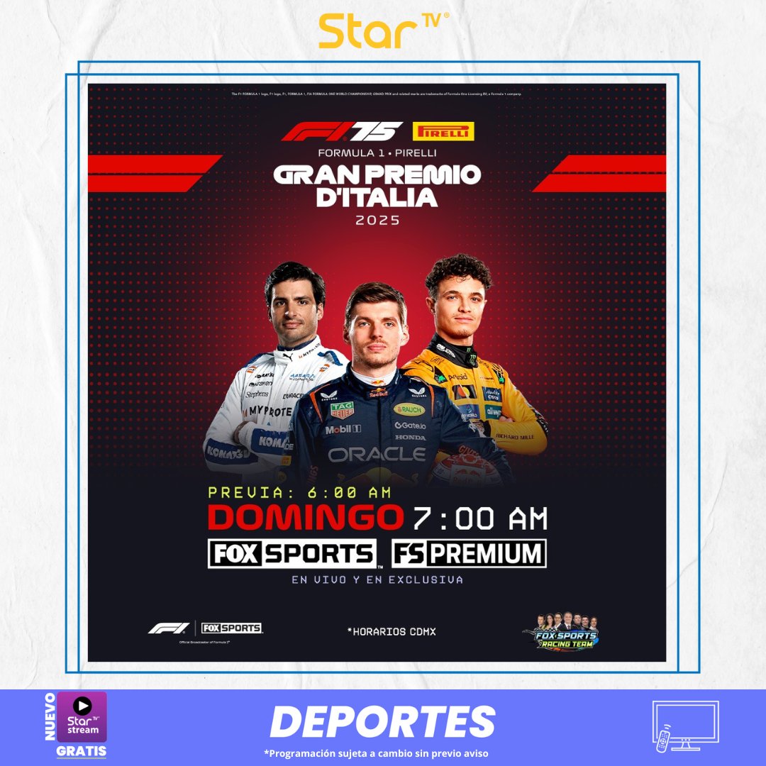 StarTVMx (@startvmx) on Twitter photo 💥🏎️ Monza está listo...
El circuito más rápido de la temporada llega.
¡No te pierdas la carrera EN VIVO por <a href="/FOXSportsMX/">FOX Sports MX</a> con #StarTV ! 🏁🔥
#F1xFSMX #GPItalia #MonzaGP #ármatecomoquieras #PreguntaPorNuestrosPaquetes 💥🏎️ Monza está listo...
El circuito más rápido de la temporada llega.
¡No te pierdas la carrera EN VIVO por <a href="/FOXSportsMX/">FOX Sports MX</a> con #StarTV ! 🏁🔥
#F1xFSMX #GPItalia #MonzaGP #ármatecomoquieras #PreguntaPorNuestrosPaquetes