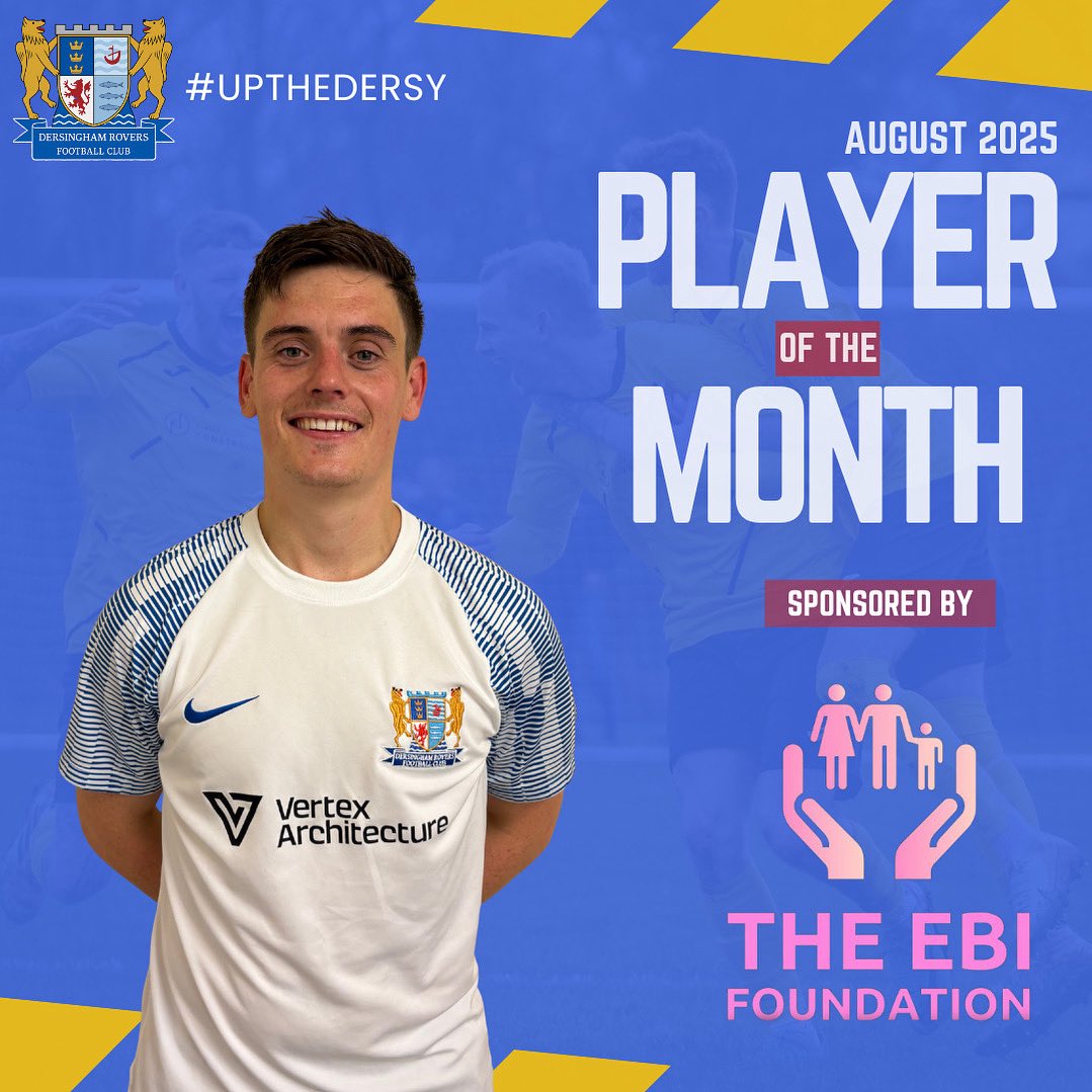 August POTM ‼️

With 35% of the vote here’s your The Ebi Foundation  player of the month!

New signing Shane Akers! 5 games, 1 🏆 1 ⚽️ 1 MOM and a clean sheet! 

#UPTHEDERSY 💙💛🖤