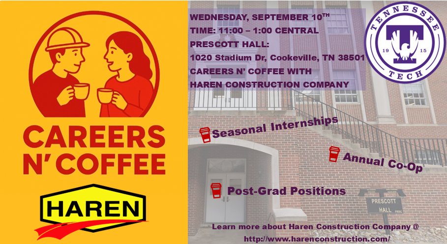 HarenConstruct's tweet image. Haren Construction Company will be hitting the halls of TN Tech next week for Careers N&apos; Coffee in Prescott Hall. 

#harenconstruction #tntech #CareersInConstruction #CareerGrowth #internshipopportunity #careeropportunities #watertreatment #wastewatertreatment #construction