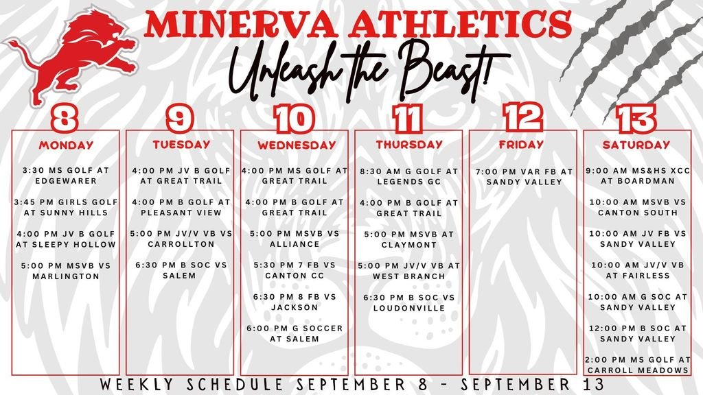 Athletic Events 9/8/25 to 9/13/25
Unleash the Beast!!!