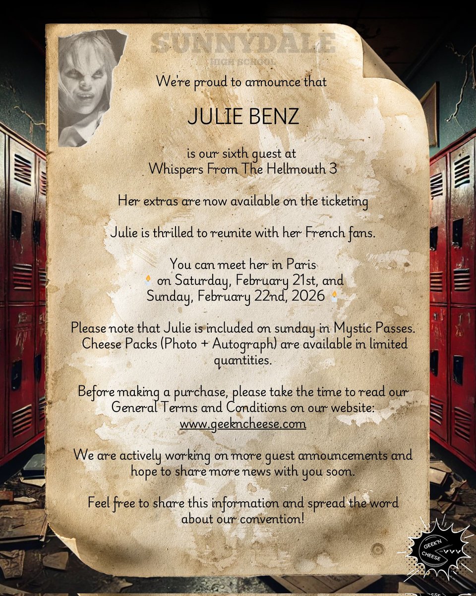 🔥Julie BENZ🔥 est notre 6ème invitée de la #WFTH3 les 21 et 22 Février 2026

🔥Julie BENZ🔥 is our 6th guest for #WFTH3 - Feb. 21&amp;22, 2026

🎟 : billetweb.fr/whispers-from-…

#Juliebenz #gnc #darla #btvs #angel