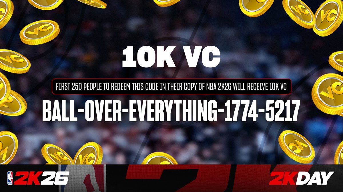 First 250 people to enter this code in #NBA2K26 will get 10K VC 🙌

Void where prohibited.