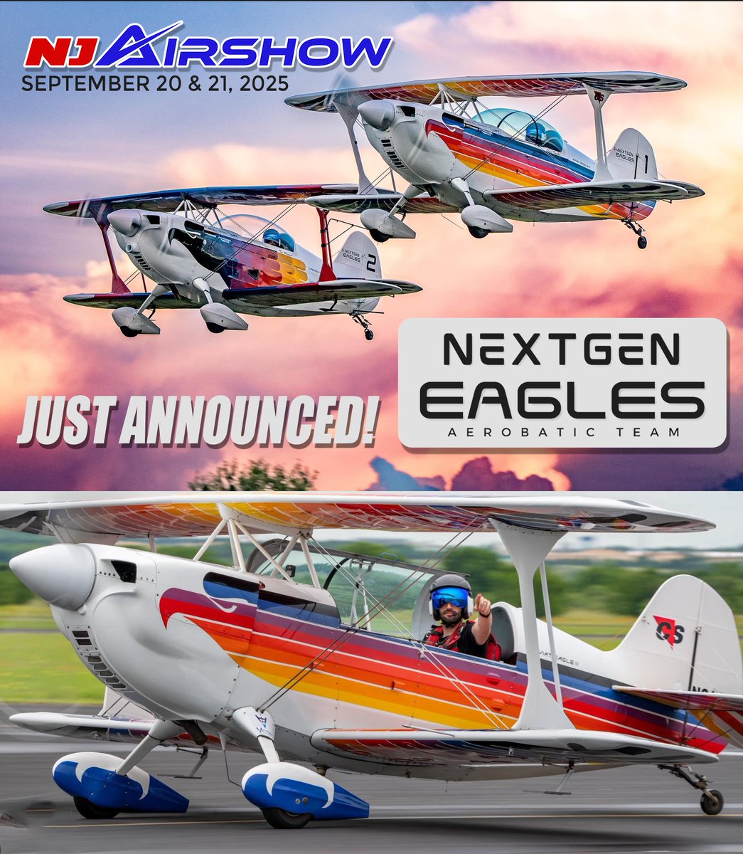 🦅 Just Announced! 🦅
The Next Gen Eagles aerobatic team will be flying at the NJ Airshow! Get ready for precision, power, and nonstop thrills as they take to the skies over West Milford.
🗓 September 20–21, 2025
📍 Greenwood Lake Airport, West Milford, NJ
🎟 Tickets at