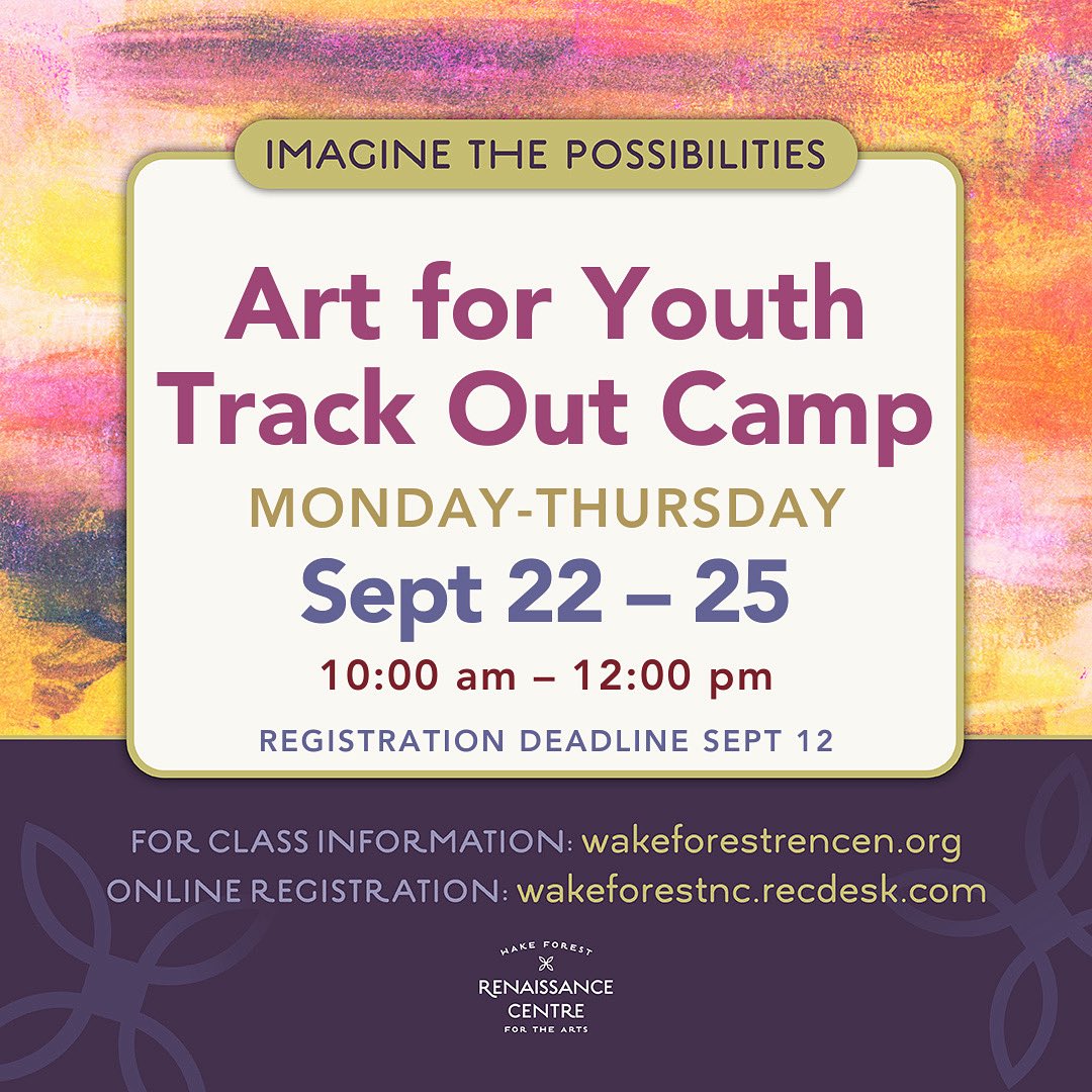 🌟FEATURED CLASS OF THE WEEK🌟

Explore visual art skills + techniques in Art for Youth Track Out Camp with Manushi Shah of Kitten Art Classes! Explore shading in drawing as well as the Pop Art movement using collage and bold painting. For more info: wakeforestrencen.org/education/clas….