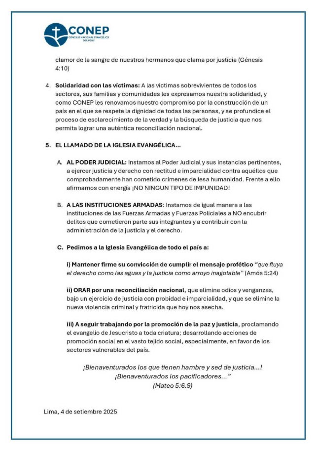 El Concilio Nacional Evangélico del Perú (CONEP), la federación evangélica más antigua del país, se suma al rechazo a la Ley de Amnistía.
