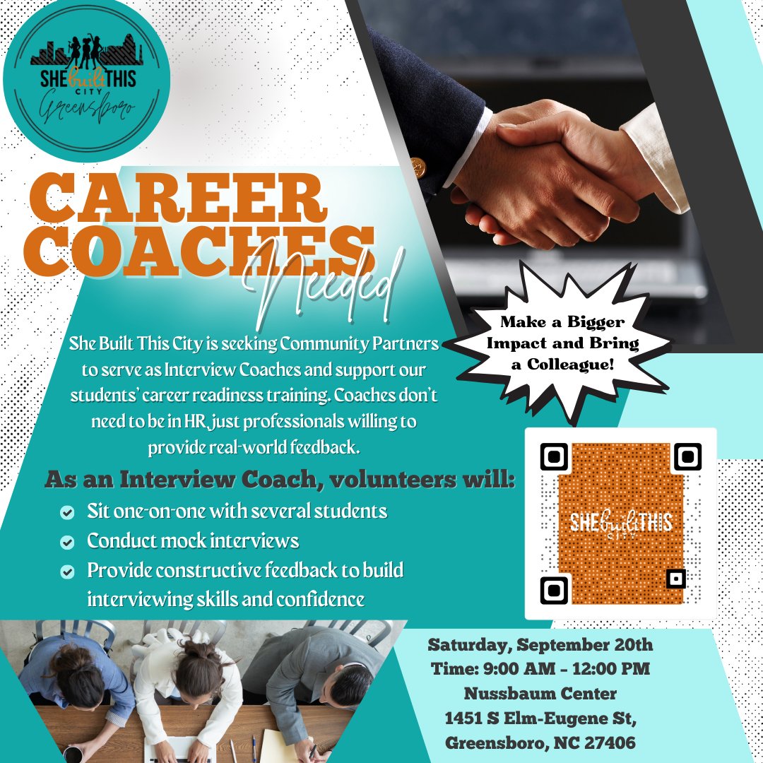 Greensboro, we need YOU! 👔💬 Become a Career Coach on Sept. 20th, no HR required. Sit with students, run mock interviews &amp; give real-world feedback. Bring a colleague, double the impact. Sign up 👉 ow.ly/WwUK50WSbvY #FutureBuilders #SBTCGreensboro