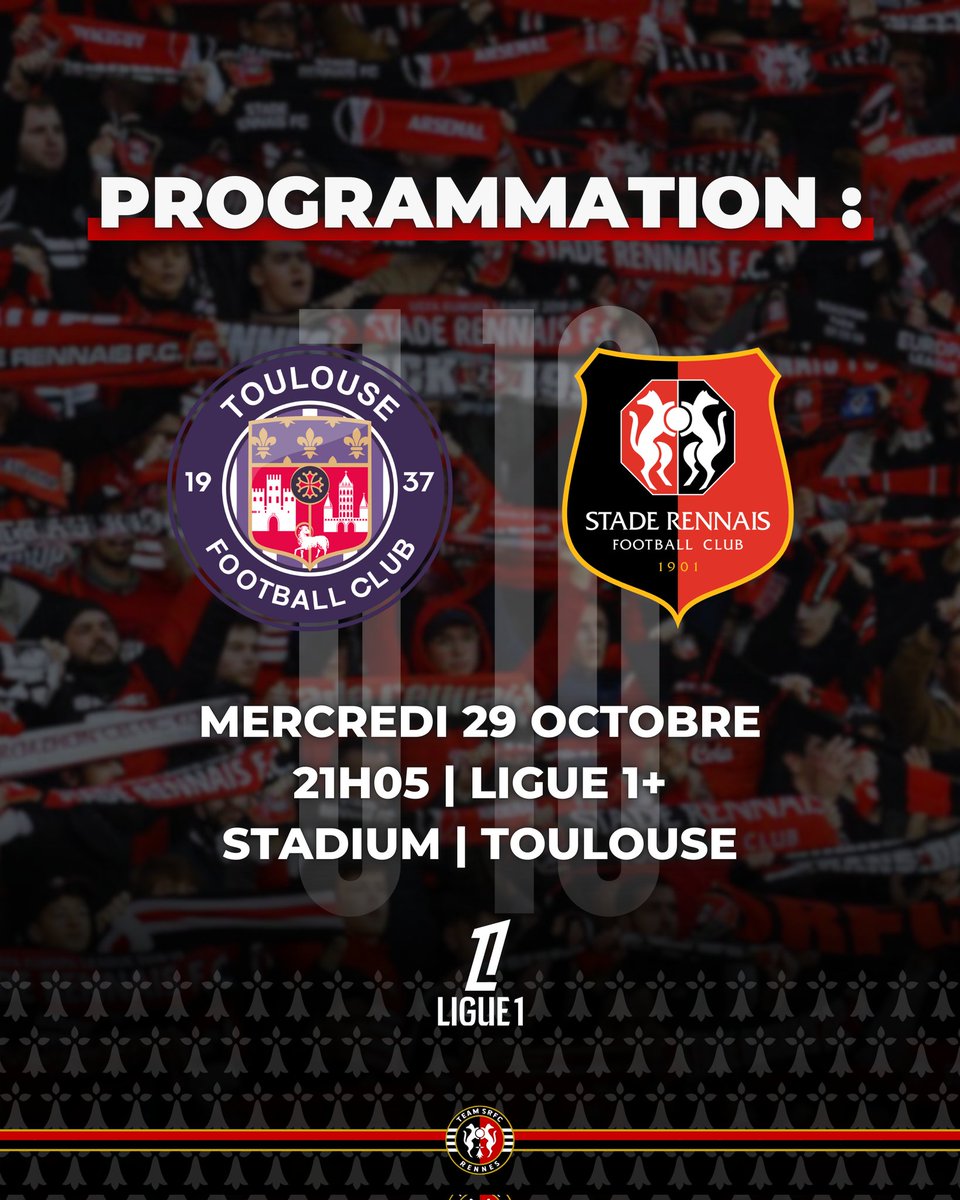 team_srfc's tweet photo. ⚽️ #TFCSRFC
🏆 J10 @Ligue1
🗓 Mercredi 29 octobre
🕗 21h05
🏟 Stadium, Toulouse
📺 @ligue1plus
-
⚽️ #SRFRCSA
🏆 J11 @Ligue1
🗓 Dimanche 2 novembre
🕗 15h00
🏟 Roazhon Park, Rennes
📺 @ligue1plus https://t.co/End6lMaktj