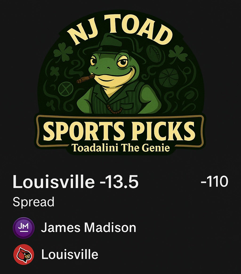 NJTOADGTE's tweet photo. Just published: Louisville -13.5 Pregame https://t.co/yOHnsvlDnl

🔥 Tonight’s Play:  #Louisville -13.5 🏈

📅 9/3/25 • 7:00 PM
vs James Madison #NCAAF 

Cashin’ Tickets 🍀💰 > #DubClub 
#sportsbettingadvice #sportsbettingtips #sportsbettingpicks #sportsbettingexpert #bettingexpert #tipster #handicapper #parlay #sportsgambling

Radar $VIPZ > #sportsbetting stock undiscovered and new👀👀
