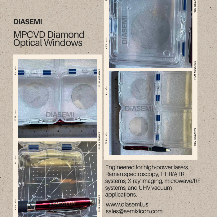 DiamondSemi's tweet photo. DIASEMI –MPCVD Diamond Optical Windows for Laser, Spectroscopy &amp; Vacuum Applications
https://t.co/uA2KnswaVF
sales@semixicon.com
#MPCVDdiamond #DiamondOpticalWindows #LaserWindows #RamanSpectroscopy #FTIRoptics #ATRdiamond #XRayWindows #MicrowaveDiamondWindows #UHVcompatible https://t.co/vd1WpBqB0b
