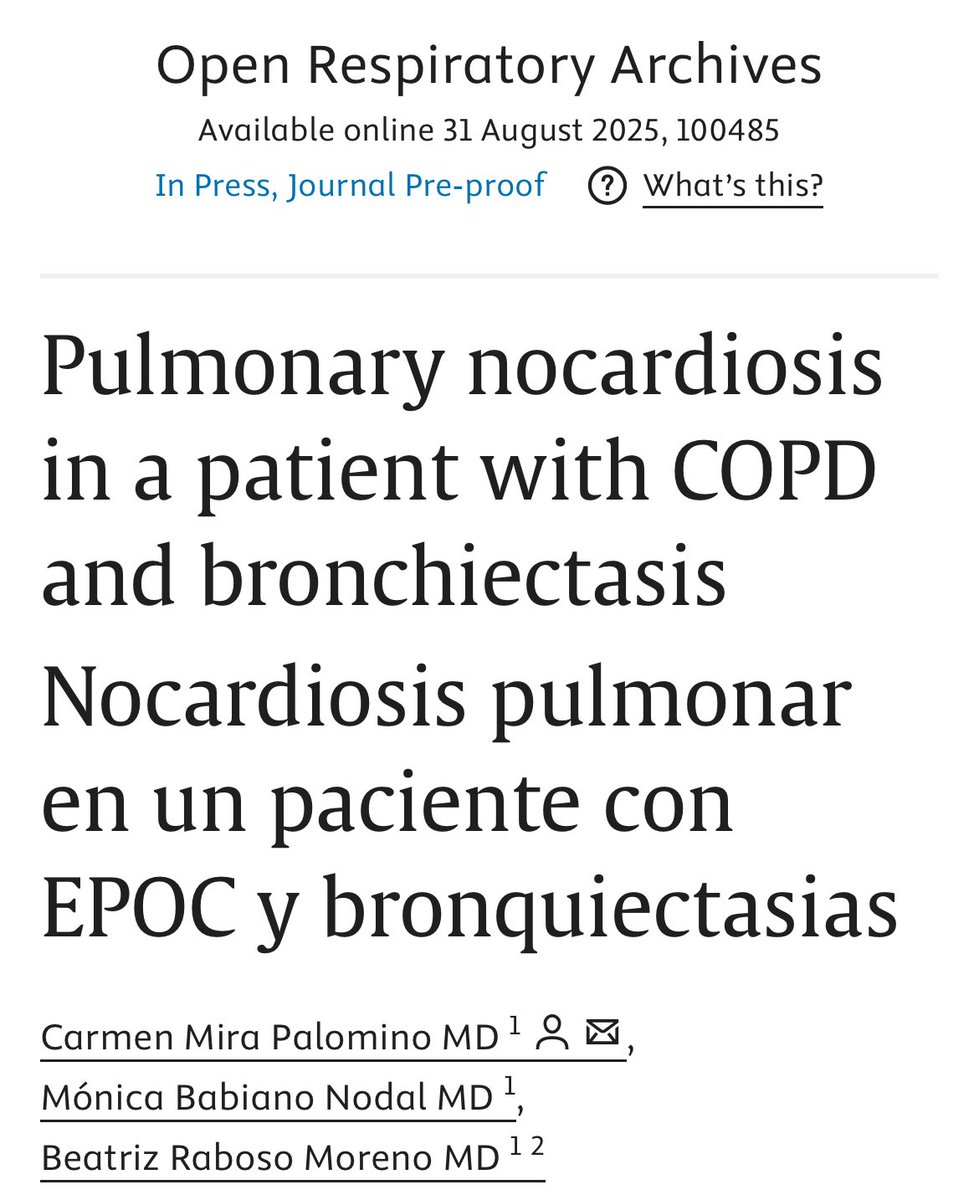 🔬 Nocardia pulmonar en paciente con EPOC y BQ
En consulta hemos abordado este caso, acompañado de una revisión sobre la infección por Nocardia: diagnóstico, tratamientos y principales efectos adversos
👏 Enhorabuena Carmen

#Bronchiectasis #COPD #InfecciónRespiratoria #Nocardia