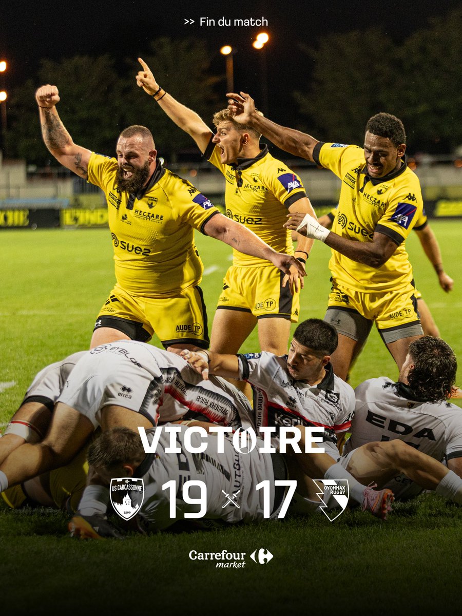 us_carcassonne's tweet image. ILS L’ONT FAIT 🔥🔥🔥

Tranquillement, patiemment, mais sûrement, Carca a construit son retour au score en seconde période. L’USC s’impose sur la sirène grâce à un essai transformé signé Evrard Oulaï et s’adjuge une victoire de prestige ! 

#USCOYO #DéfendreNotreCité ⚔️