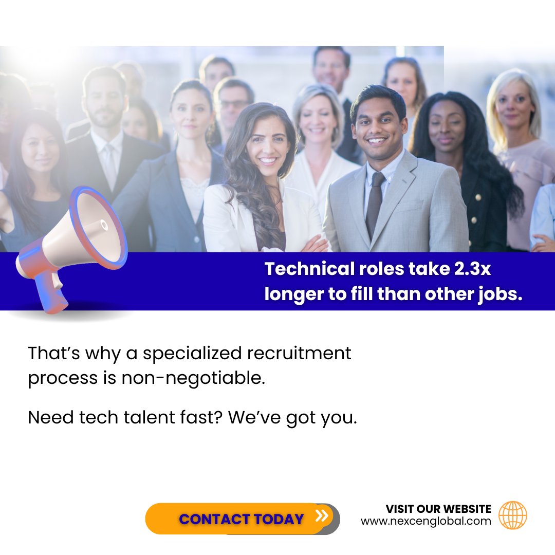 NexCenGlobal's tweet image. Technical roles take 2.3x longer to fill than other jobs. 

The fix? Specialized recruitment.
1. Skill assessments
2. Coding evaluations
3. Cultural fit checks
4. Wide IT talent network
Need tech talent fast? We’ve got you. 
Contact us today! 
#technicalrecruitment #itrecruitment