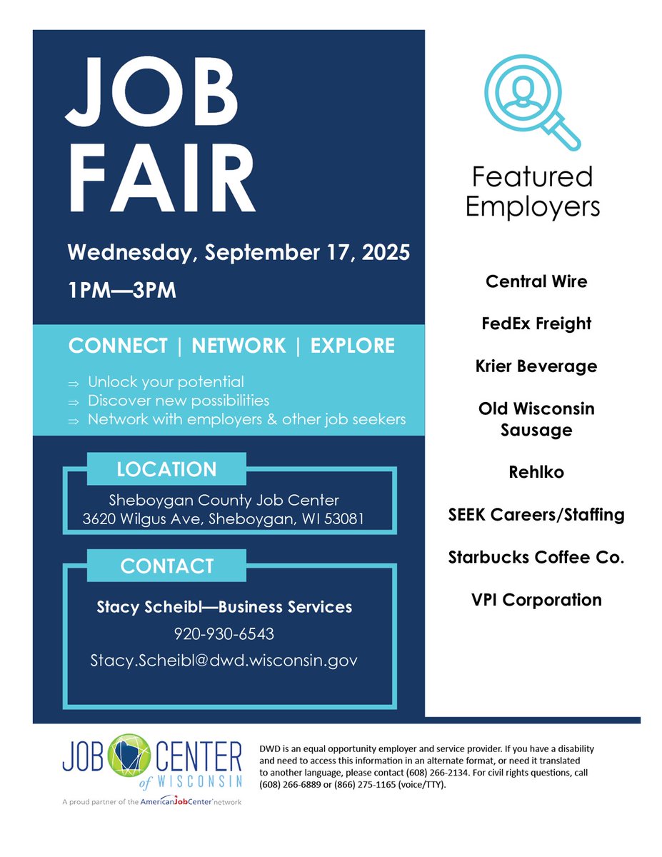 ShebJobCenter's tweet image. Updated list of employers for the Sheboygan Job Fair on 9-17-25 from 1pm to 3pm.