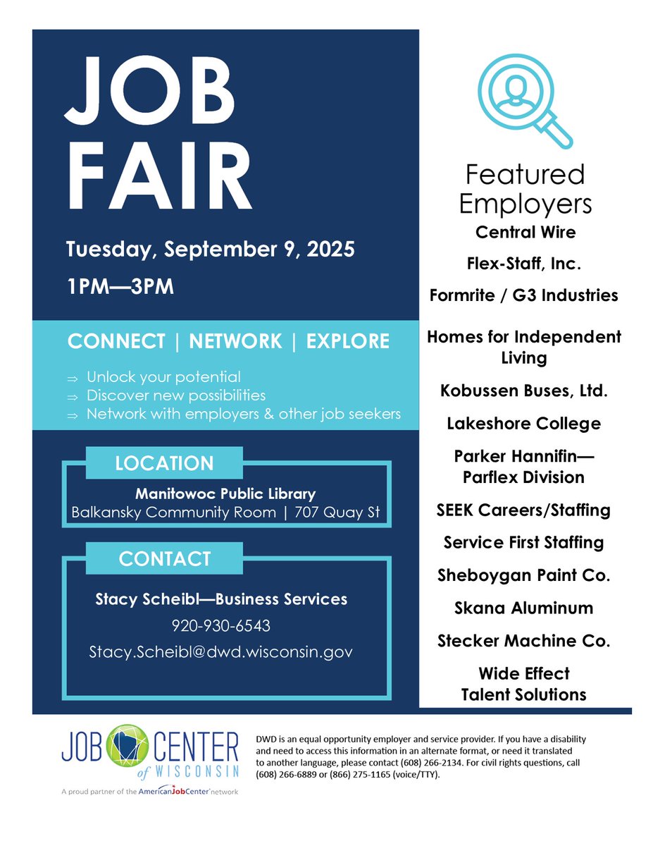 ShebJobCenter's tweet image. Hope to see you at the Manitowoc Public Library on 09-09-25 from 1pm to 3pm. See flyer for list of employers.
