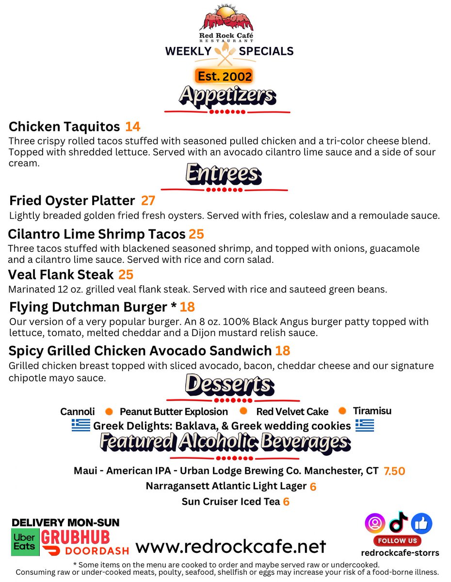 RedRockCafeStor's tweet photo. Our specials for this week. New on tap: masterffully crafted local draft beers
1. Maui. American IPA-6.5% ABV 
Urban Lodge Brewing Co. Manchester, CT. #urbanlodgebrewing @UrbanLodgeBC 
2. Leaf Peeping. Pumpkin Ale-6.3% ABV 
Back East Brewing Co. Bloomfield, CT. @BackEastBrewery https://t.co/ILd1Xr2uq0