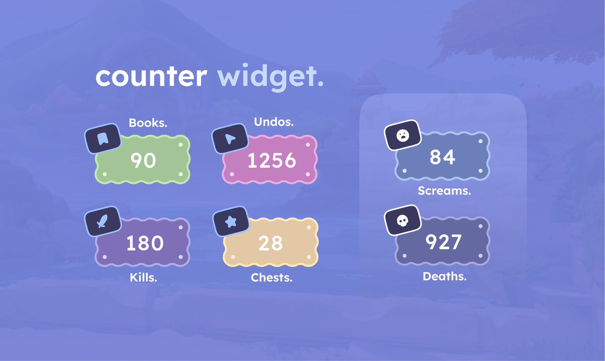 { wip }  ⨾  working on a new counter widget  → create category groups with 4 rotating counters each! Switch categories by using commands for easy access 💜