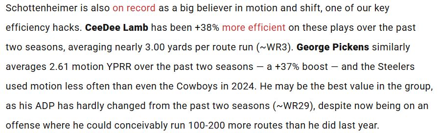 Fantasy Points Data (@fantasyptsdata) on Twitter photo <a href="/RyanJ_Heath/">Ryan Heath</a> <a href="/ScottBarrettDFB/">Scott Barrett</a> The Cowboys' motion use was more effective, though.
They averaged just 5.22 ANY/A on plays with motion during the snap in 2024.
Last night, that was 11.8, which would have led the NFL last year.
That should be very good for CeeDee Lamb and George Pickens going forward: <a href="/RyanJ_Heath/">Ryan Heath</a> <a href="/ScottBarrettDFB/">Scott Barrett</a> The Cowboys' motion use was more effective, though.
They averaged just 5.22 ANY/A on plays with motion during the snap in 2024.
Last night, that was 11.8, which would have led the NFL last year.
That should be very good for CeeDee Lamb and George Pickens going forward:
