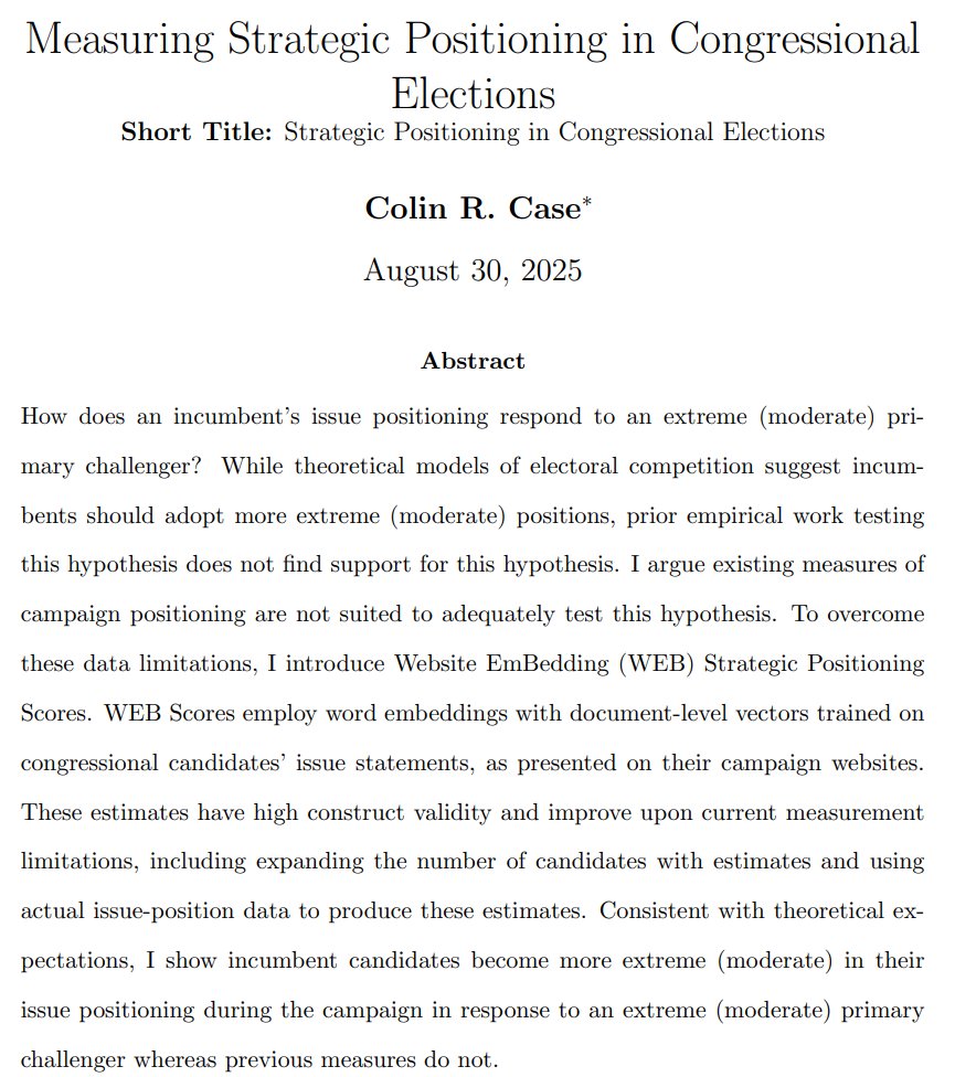 Colin Case (@colinrcase) on Twitter photo Excited to announce my paper, Measuring Strategic Positioning in Congressional Elections, is officially accepted and online <a href="/The_JOP/">Journal of Politics @jop@sciences.social</a> here: journals.uchicago.edu/doi/10.1086/73…
Quick thread on the paper below: Excited to announce my paper, Measuring Strategic Positioning in Congressional Elections, is officially accepted and online <a href="/The_JOP/">Journal of Politics @jop@sciences.social</a> here: journals.uchicago.edu/doi/10.1086/73…
Quick thread on the paper below: