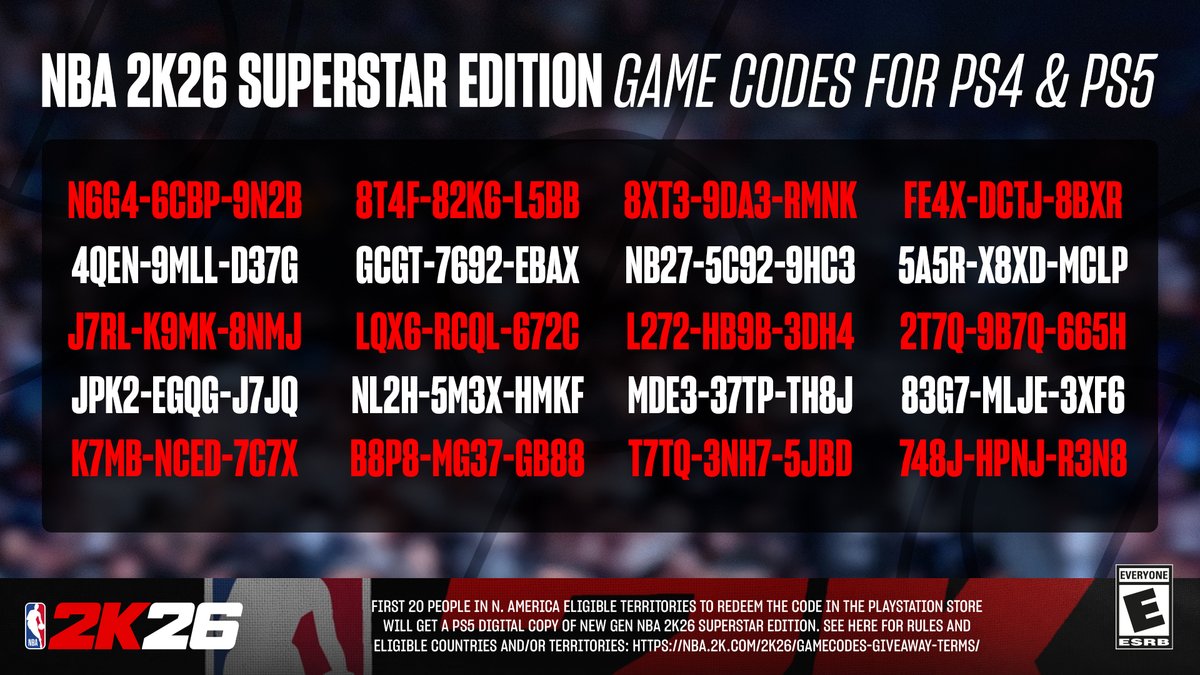 🎮 #NBA2K26 Game Codes for <a href="/PlayStation/">PlayStation</a>!

US only. One per PlayStation Account. Terms apply. See terms: nba.2k.com/2k26/gamecodes…