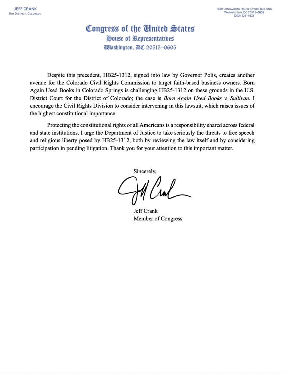Rep. Jeff Crank (@repjeffcrank) on Twitter photo 🚨
I sent a letter to <a href="/TheJusticeDept/">U.S. Department of Justice</a> <a href="/AAGDhillon/">AAGHarmeetDhillon</a> requesting they review Colorado’s law infringing on religious freedom.
SCOTUS has been clear that Colorado cannot compel speech.
Despite these rulings, Colorado’s HB25-1312 creates another path to attack the faith community. 🚨
I sent a letter to <a href="/TheJusticeDept/">U.S. Department of Justice</a> <a href="/AAGDhillon/">AAGHarmeetDhillon</a> requesting they review Colorado’s law infringing on religious freedom.
SCOTUS has been clear that Colorado cannot compel speech.
Despite these rulings, Colorado’s HB25-1312 creates another path to attack the faith community.