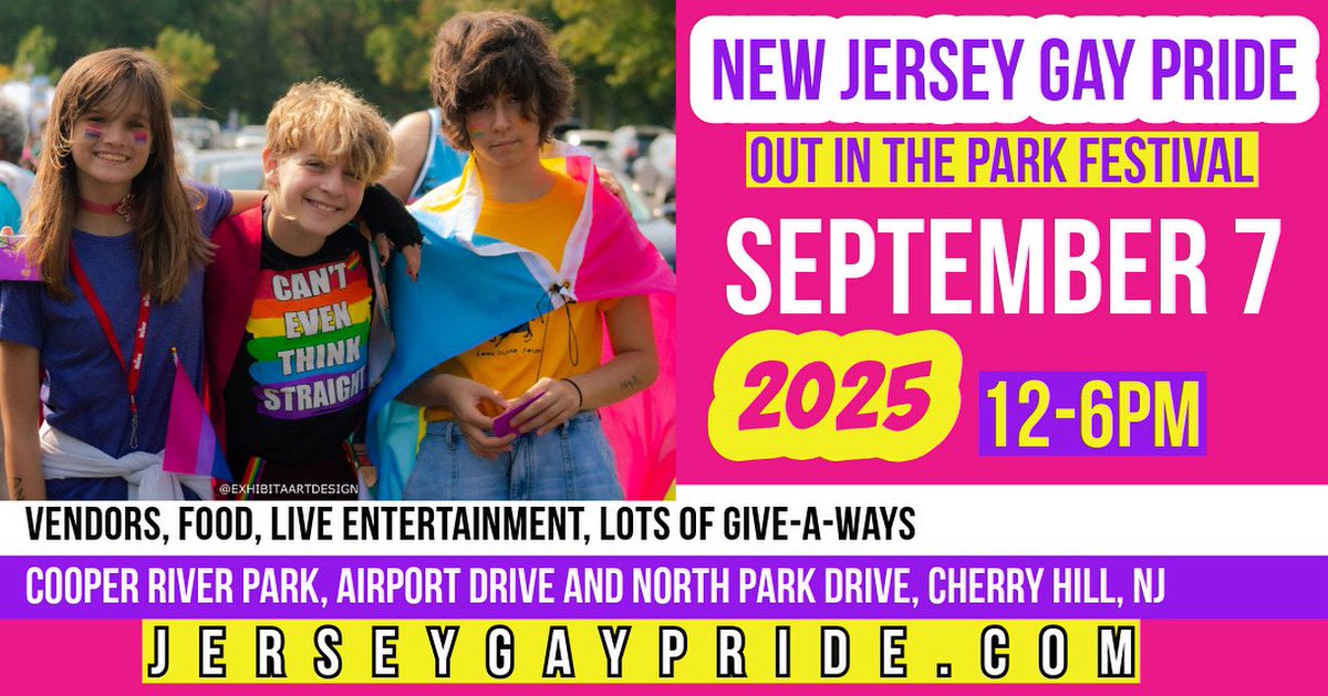 Come OUT to celebrate to Jersey Gay Pride’s Festival 🏳️‍⚧️🏳️‍🌈
SUNDAY, SEPTEMBER 7, 2025, Noon to 6:00 PM
Cooper River Park 
Airport Drive and N Park Drive 
#LGBT #NewJersey #NJ