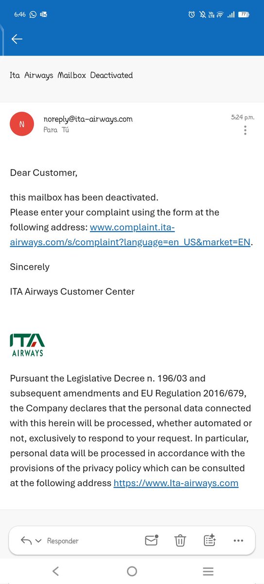 gankutsuoucid's tweet image. @ITAAirways waiting for the refund confirmed on July 30 for flight AZ1270 (July 7) – Cases 04710521 &amp;amp; 04727626.

In system “finalization phase,” but no payment. Your email support is deactivated.

help clarify the status.
#EU261 #AviationRights #AirPassengerRights #ITAAirways