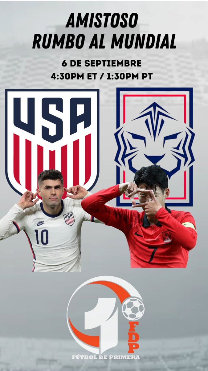 SÁBADO por <a href="/fdpradio/">Fútbol de Primera</a> 

<a href="/USMNT/">U.S. Soccer Men's National Team</a> 🇺🇸 vs.<a href="/theKFA/">theKFA</a> 🇰🇷 
EN VIVO desde Harrison, NJ

⏰ 4:30pm ET / 1:30pm PT

Los esperamos junto a <a href="/RosaBeatrizSW/">Rosa Sanchez Worley</a> <a href="/dchapela/">Daniel Chapela 🇻🇪</a> y <a href="/manuelsol/">manuel sol</a> 

Escúchanos aquí 👇

youtube.com/@fdpradio1226?…