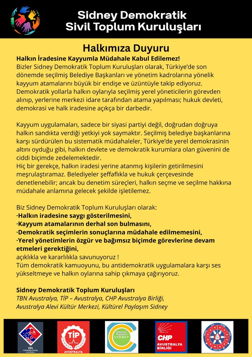 Seçilmiş belediye başkanlarının yerine kayyum atanmasını kabul etmiyoruz. Halkın iradesi gasp edilemez, demokrasi susturulamaz!