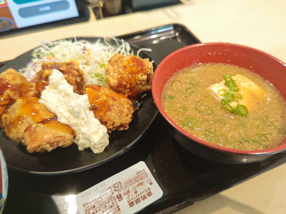 「吉野家」　小金井店

この「吉野家」は従来の店とは全く違い、妙に品が良く看板が無ければ「吉野家」とは思えない

見掛けだけで言えば”チキン南蛮”に他なりません

揚げ過ぎで若干硬くなりつつ有り甘辛ダレは濃度が濃すぎる為に衣には浸透せず包囲された状況

しかし超空腹時にはベストの旨さです